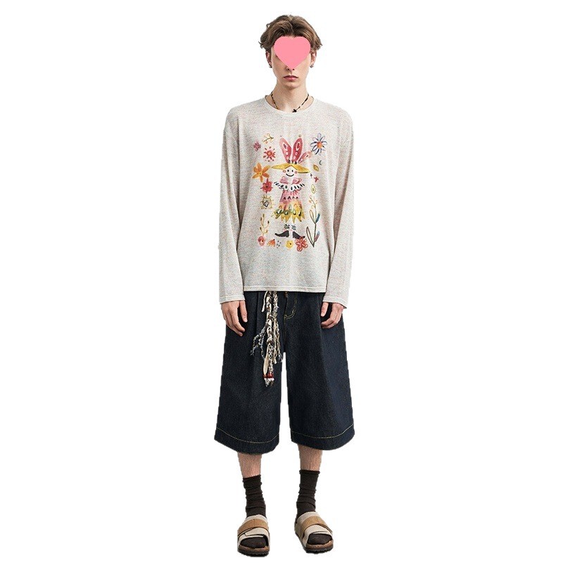 跨境 刘宇宁同 小丑花园水彩印花衣男早秋针织长袖T恤女|undefined