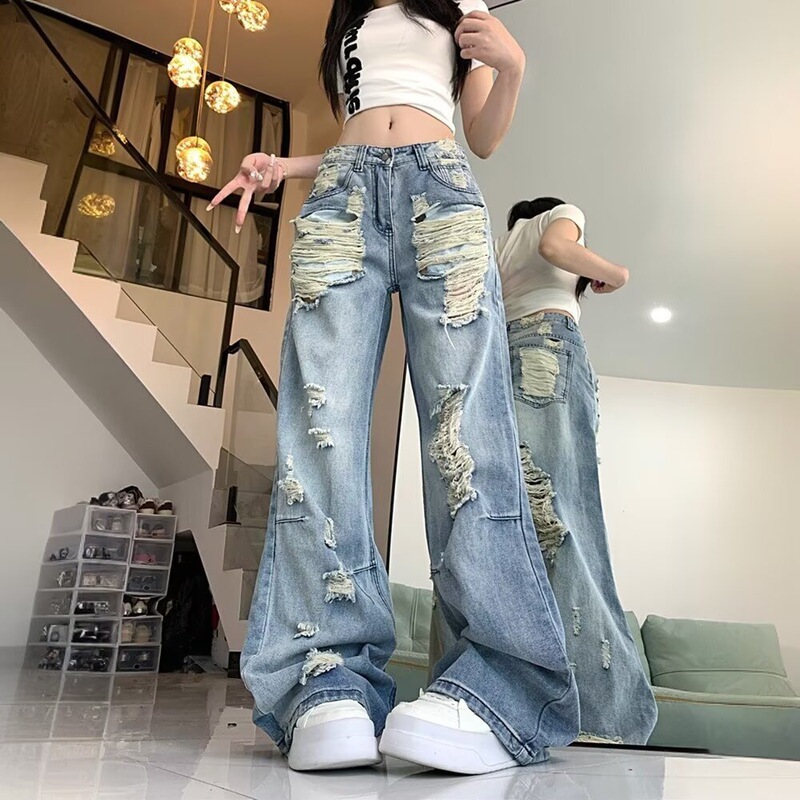 American Retro Style Spicy Girl Low-Waist Ripped Jeans for Women, Summer High Street Design, Straight Loose Fit, Slimming Wide-Leg Pants American Retro Style Spicy Girl Low-Waist Ripped Jeans for Women, Summer High Street Design, Straight Loose Fit, Slimming Wide-Leg Pants