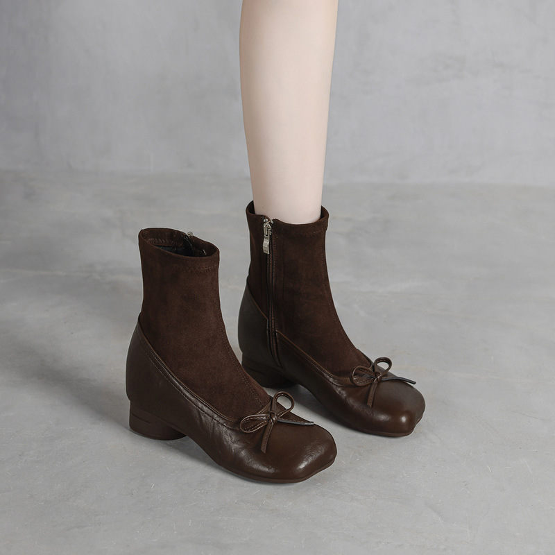 6cm height-increasing boots for petite women, brown square-toe ankle boots, 2026 new style with a bow and chunky heel, slimming boots 6cm height-increasing boots for petite women, brown square-toe ankle boots, 2026 new style with a bow and chunky heel, slimming boots