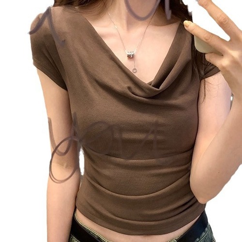 0829# Pleated Design Sensory No Bra Cup Seamless Short-Sleeve T-Shirt Slim Fit Versatile Solid Color Subtle Trick Hot Girl Top
