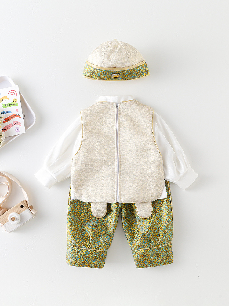 Primavera y otoño ropa de bebés estilo chino 100 días vestido de aniversario de bebés conjunto dividido para bebés pequeños Tang traje Hanfu captura semana