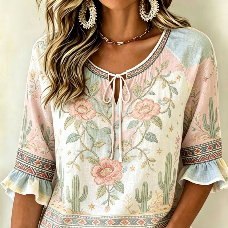 European and American cross-border western-style round-neck puff-sleeve shirt for women, new autumn printed loose casual tie-front top European and American cross-border western-style round-neck puff-sleeve shirt for women, new autumn printed loose casual tie-front top