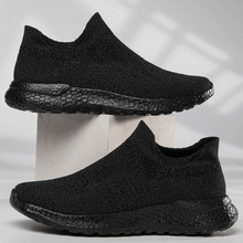 跨境2024新款一脚蹬套脚懒人鞋男士网面休闲鞋飞织轻便情侣运动鞋