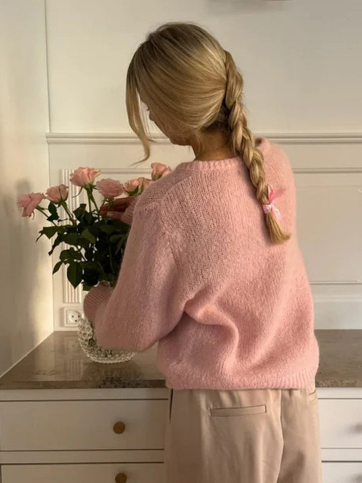 Áo cardigan len dệt kim dáng mỏng nhẹ cài nút một hàng, tay dài cổ tròn nữ — hoa hồng đỏ, màu be, màu cam, màu hoa cà chi tiết 48