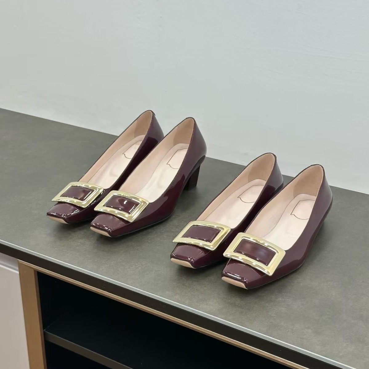 莞产天花板 rv新款方扣漆皮高跟鞋经典方头粗跟单鞋通勤百搭女鞋