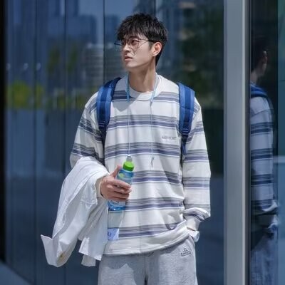 Men's Long-Sleeve Round Neck Hoodie with Spring and Autumn Stripes, Loose and Versatile, Ins Hong Kong Style, Korean Version Fashion T-Shirt Top for Casual Wear