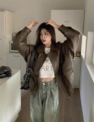 咖色皮衣外套女2025春秋港风复古宽松短款小个子大码机车pu皮夹克