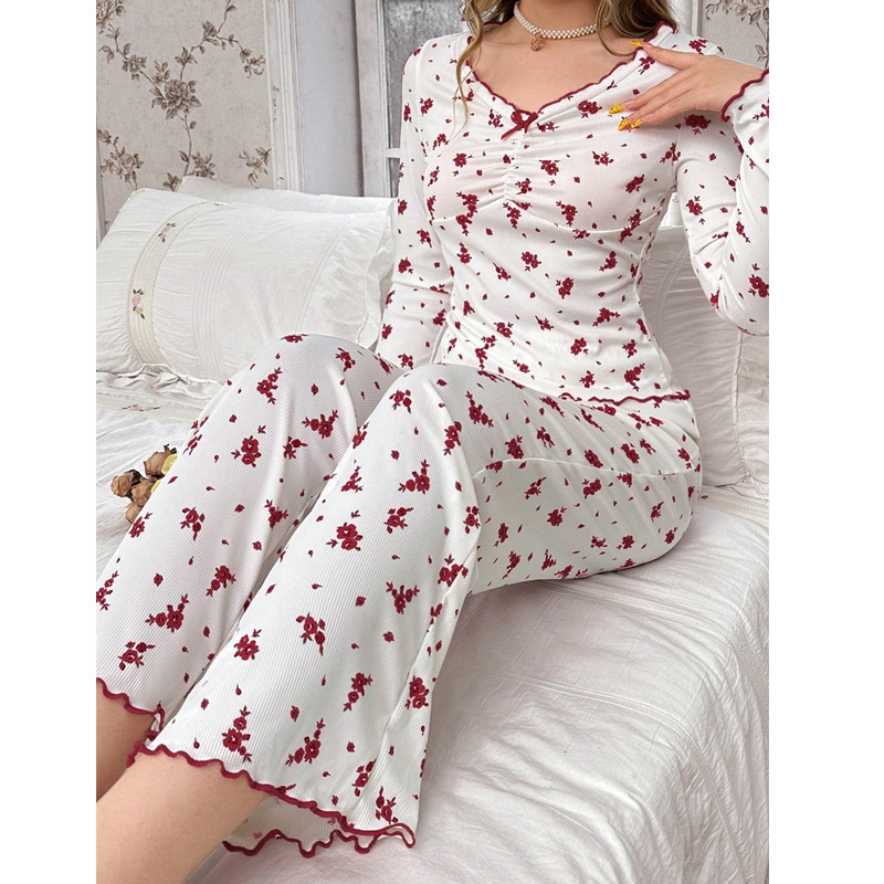 Sweet Floral Pajamas Women's Set Spring and Autumn New European and American Style Floral V-Neck Long-Sleeve Long Pants Loungewear Two-Piece Set