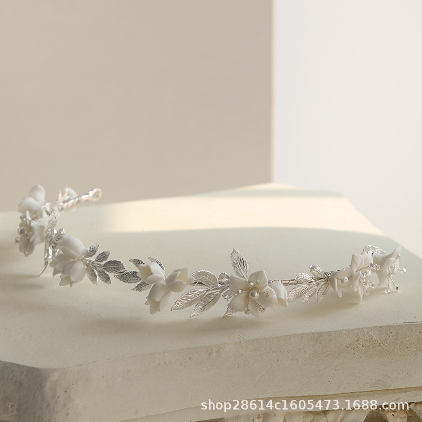 New 2022 Ceramic Flower Hair Band Golden Silver Hair Band Prom Dress Accessories Pearl Leaf Hair Band Hair Crown