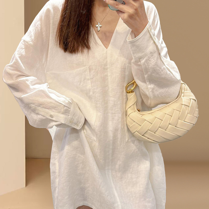 White High-End Old Money Style Long-Sleeved Linen Shirt Dress for Women Summer New Mid-Length Loose Elegant Dress
