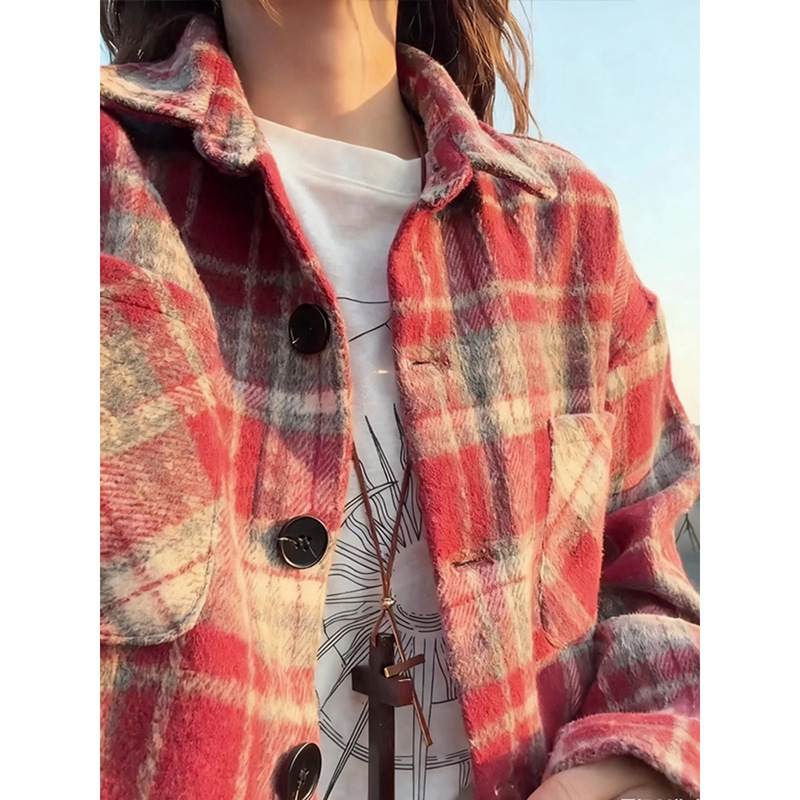 Red Plaid American Flannel Brushed Woolen Shirt Men's Autum Small Fragrance Style Atmosphere Wear Shirt Jacket