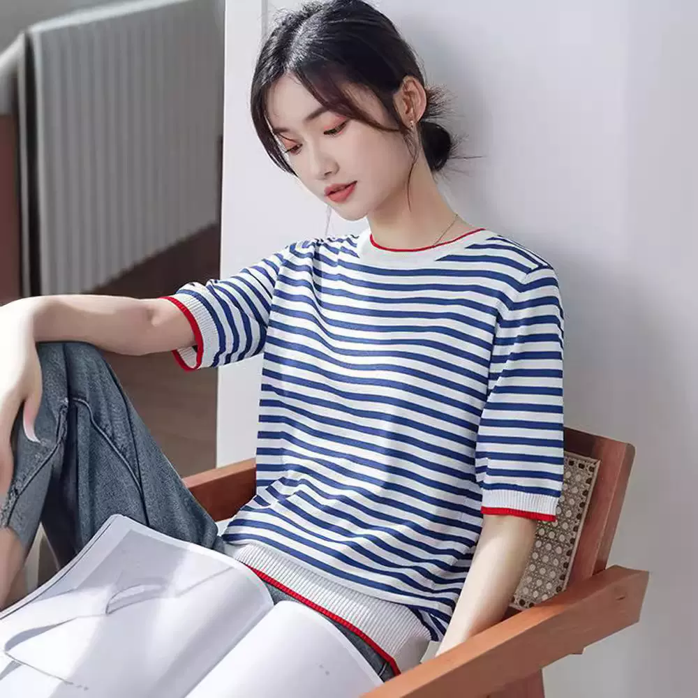 条纹撞色针织t恤瘦衣服学生韩版宽松上衣女圆领新款短袖打底衫女