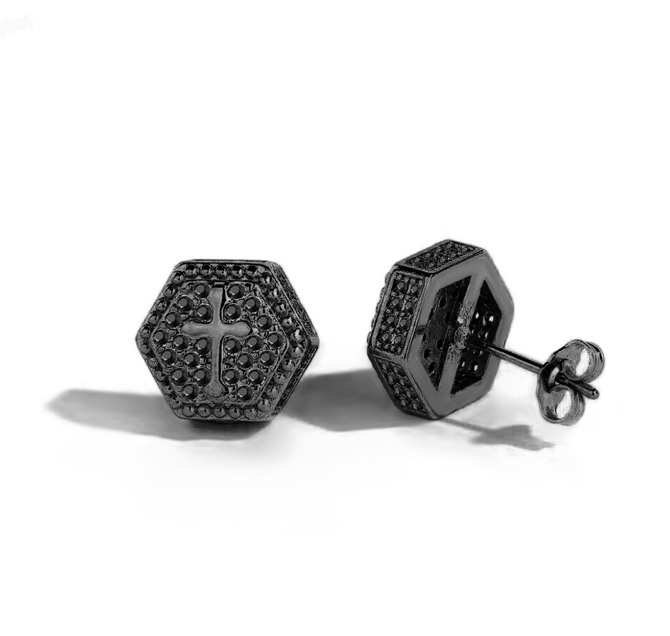 Cross Zircon Hip Hop Stud Earrings For Men Gold Plated Hexagonal_voghion.com