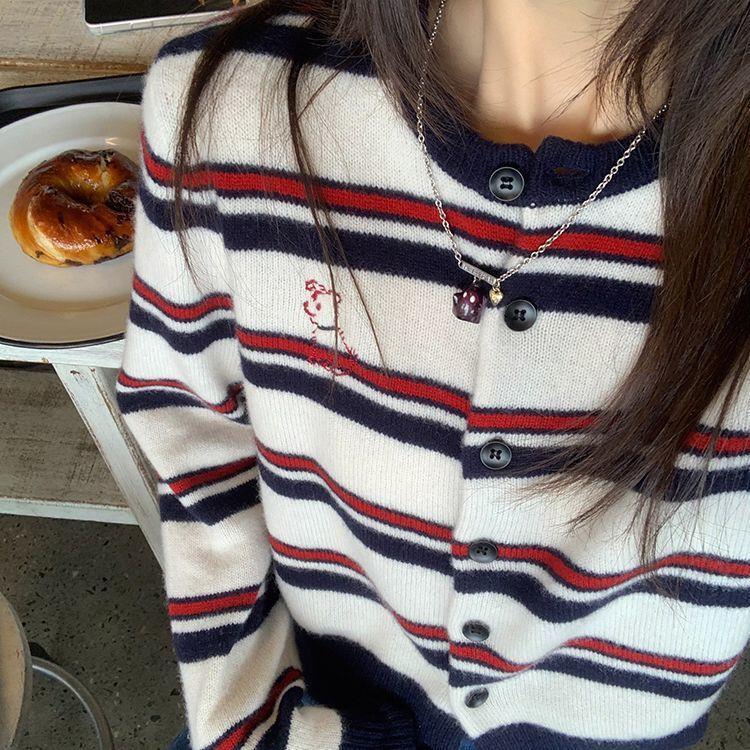 Retro Contrast Color Striped Cardigan Sweater Jacket Women's Spring and Autumn Short Slim Long Sleeve Top