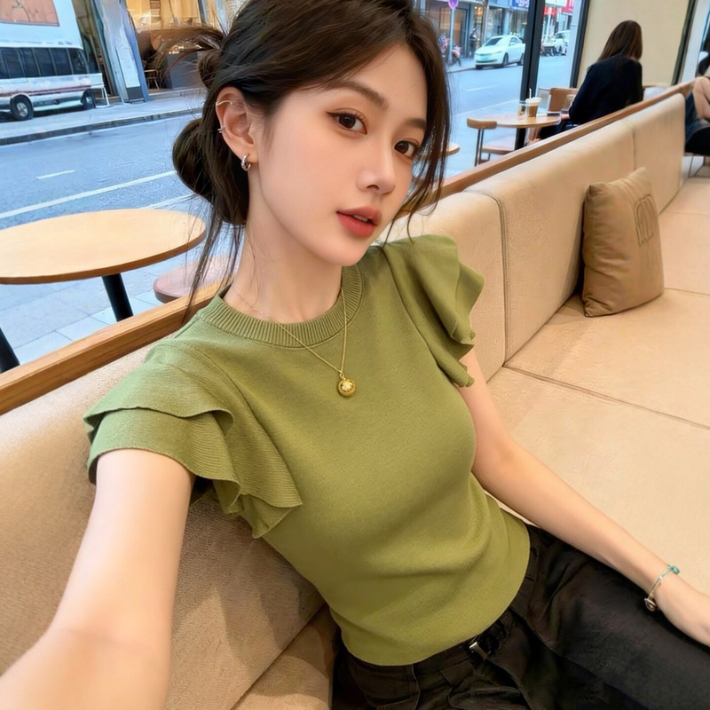 French-Style Green Ruffled Round-Neck Short-Sleeved Sweater for Women, New Summer Design, Age-Reducing and Very Beautiful Top French-Style Green Ruffled Round-Neck Short-Sleeved Sweater for Women, New Summer Design, Age-Reducing and Very Beautiful Top