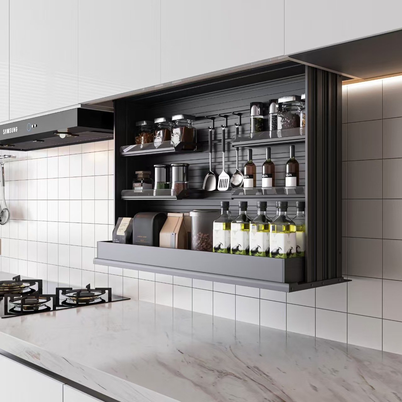 Cesta de elevación inteligente de voz con control de voz eléctrico, táctil, gabinete de cocina multifuncional, almacenamiento, estante de condimentos, canasta de tazón