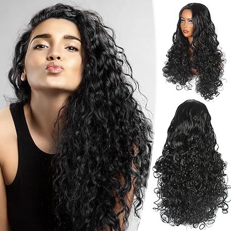 Peluca de fibra química transfronteriza mujeres europeas y americanas negro largo pelo rizado pequeño cabeza rizada cubierta mate alta temperatura seda fuente fabricante