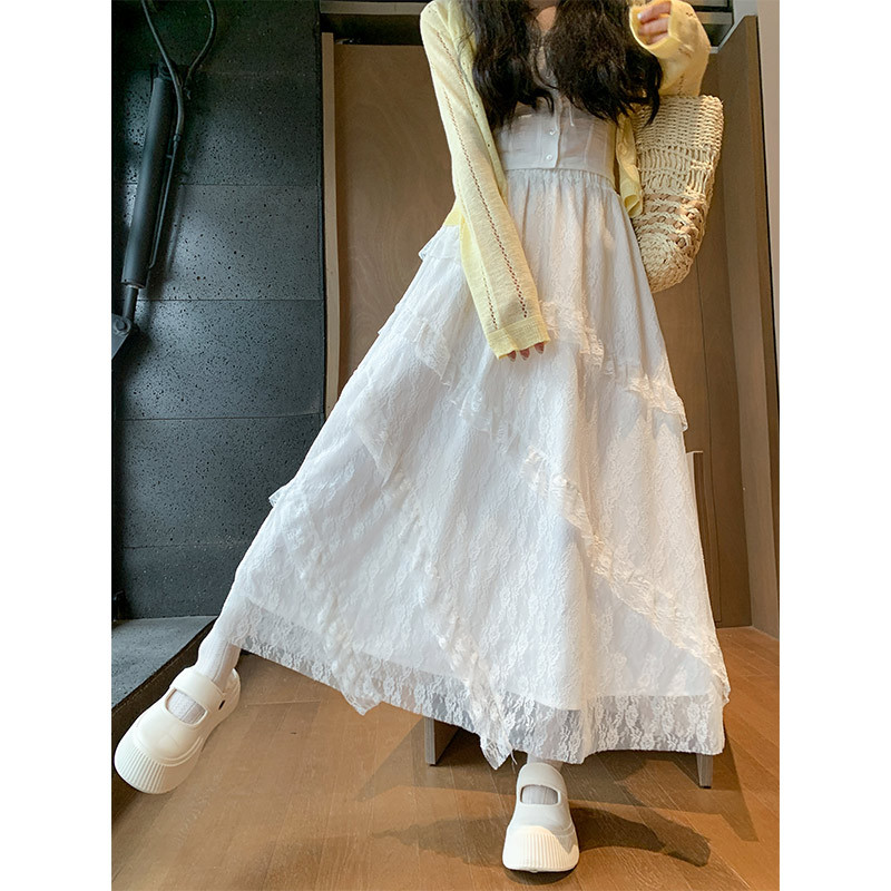 Vintage Stitching Twill White Lace Skirt Women's Spring New Hierarchical Mesh A- Line Long Skirt Cake Skirt