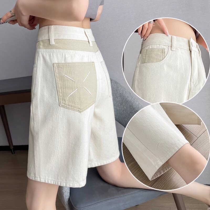 Off-White Denim Straight Shorts for Women 2025 New Knee-High Waist Covering Thighs Slimming Look Loose A-Line Five-Point Pants