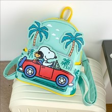 韩版可爱卡通儿童双肩包高颜值小清新绿色拼接度假小狗pu皮背包