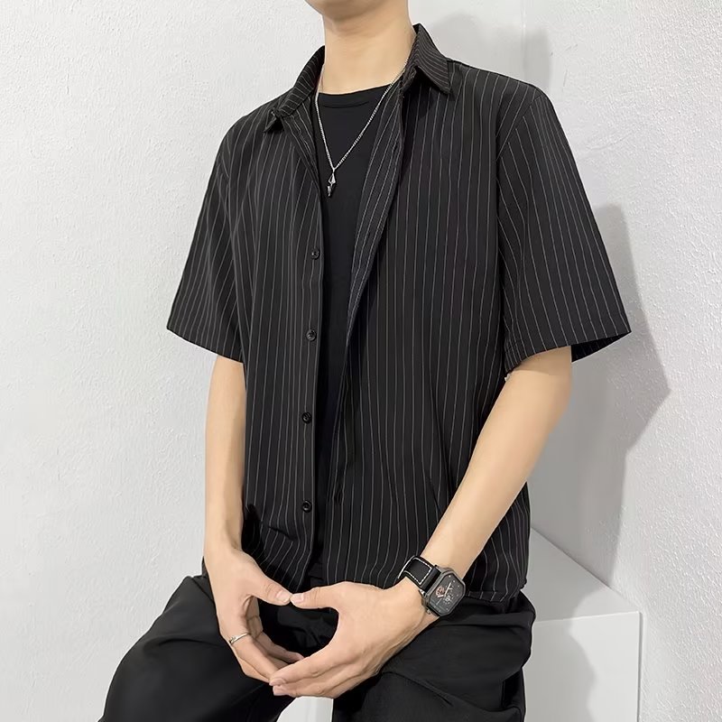 黑白条纹衬衫男短袖宽松休闲大码衬衣半袖外套黑色夏季薄款百搭潮