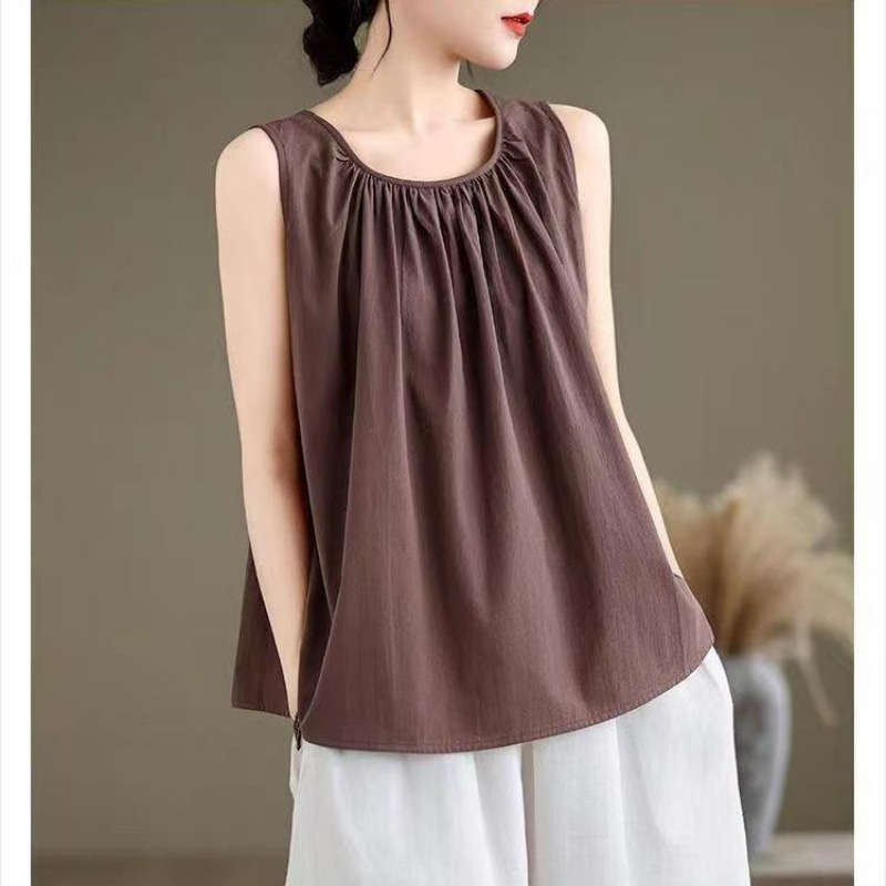 Cotton and Linen Vest Shirt Cotton Vest Summer New Pleated Sleeveless Casual Loose Design Versatile Suspender Top