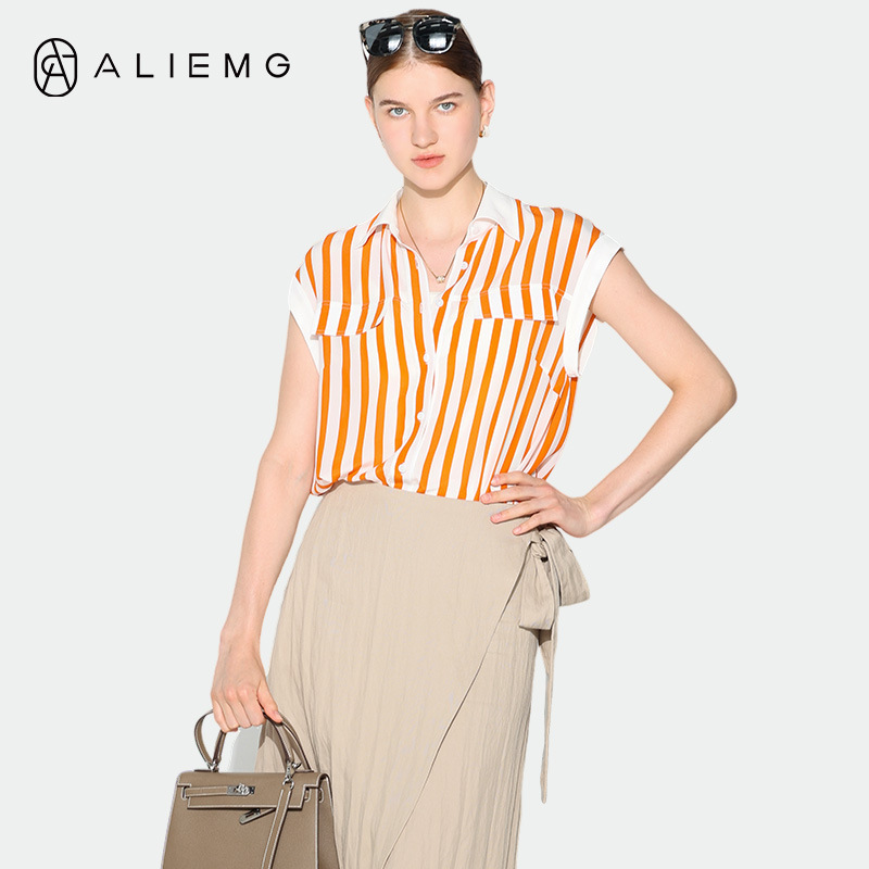 Silk Striped Shirt for Women, Sleeveless Versatile Shirt, Slimming Loose Summer Casual Top, Trendy Blouse