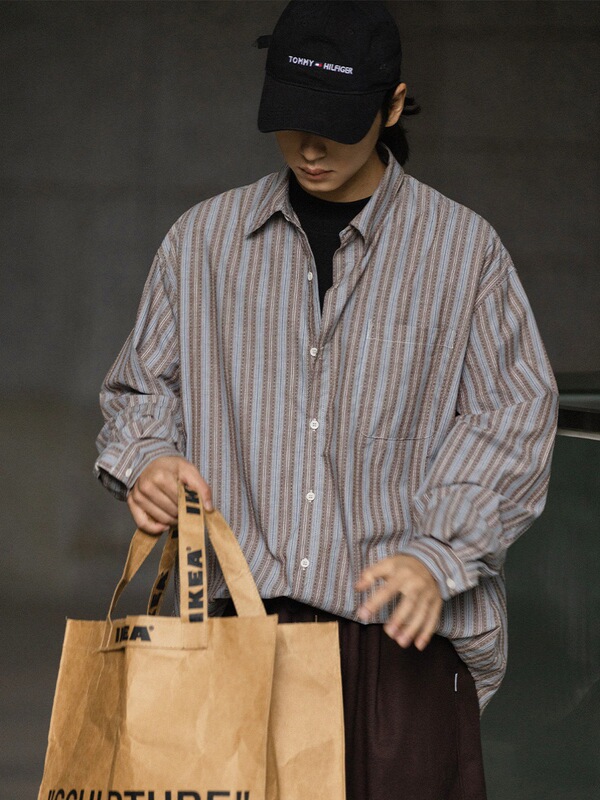 Japanese Style Retro cityboy Striped Long-sleeved Shirt for Men and Women Casual Loose Trendy Brand Curry Color Shirt Jacket