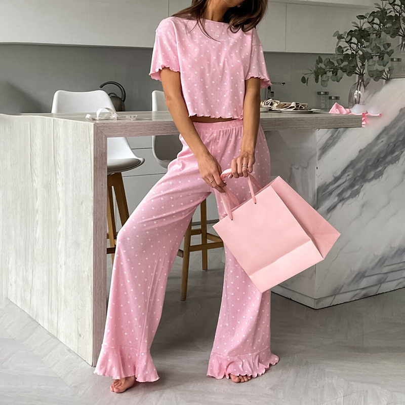2025 Amazon Cross-Border European and American Heart Printed Short-Sleeved Pants Women's Home Wear Knitted Pajamas Two-Piece Set for Women