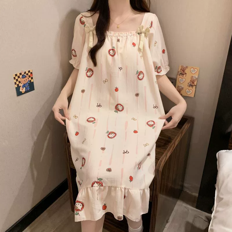 Summer pijama with bow, cute top with cups, long skirt, with short sleeve, loose fit, mid-length