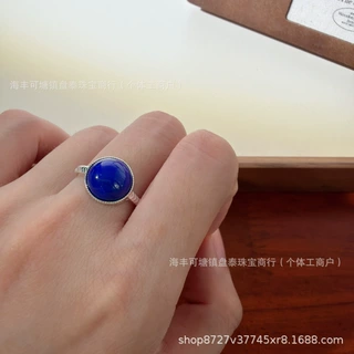 天然青金石圆形白银戒指 通体S925银镶嵌 厂家批发