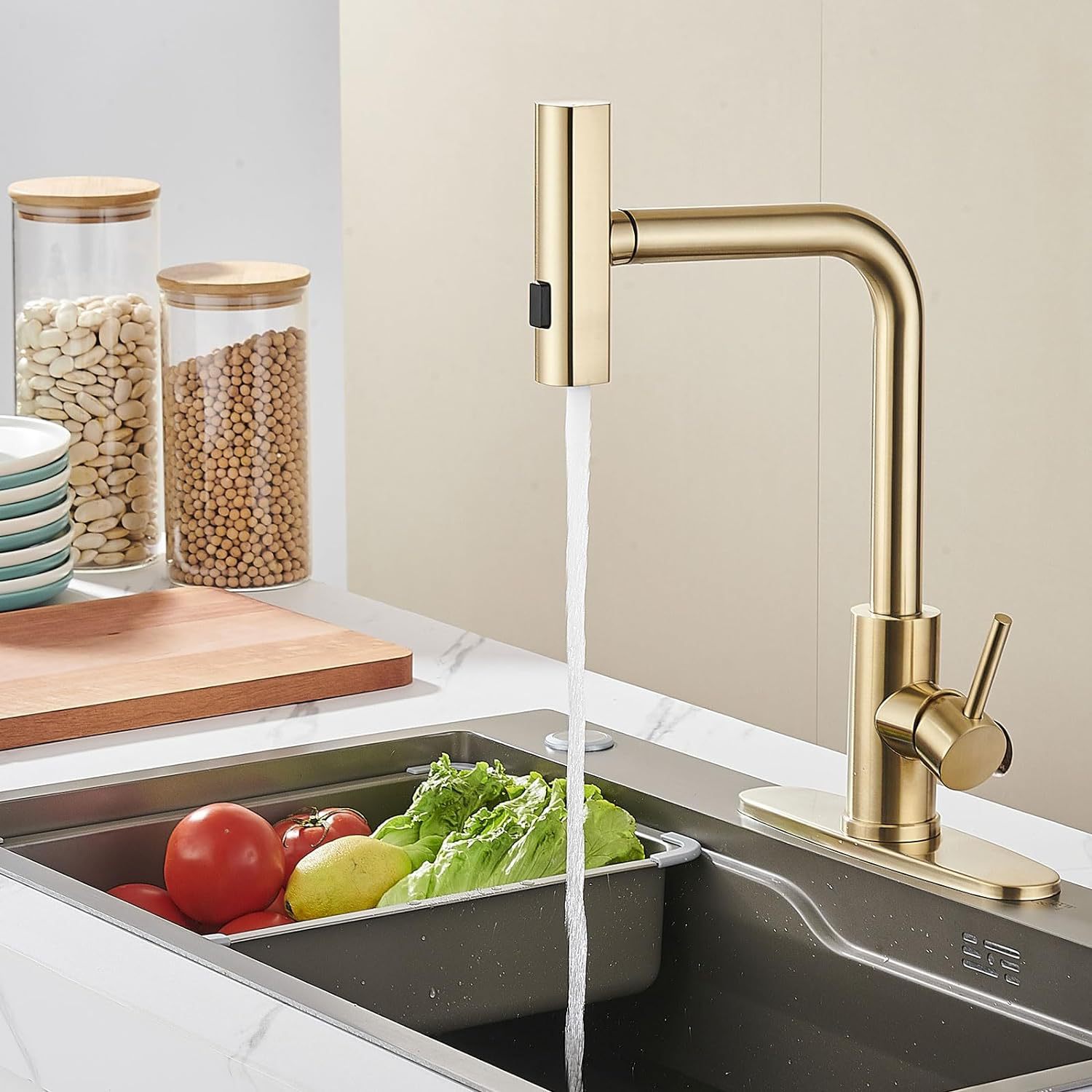 304 stainless steel kitchen brushed gold pull-out faucet, multi-functional waterfall cold and hot water sink faucet undefined