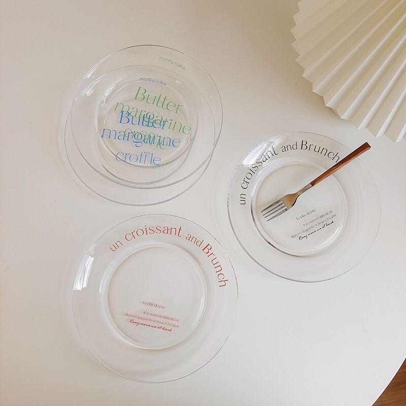 Little Red Book recommend tableware high temperature resistant glass fat reducing breakfast plate dessert cake plate English letter transparent plate