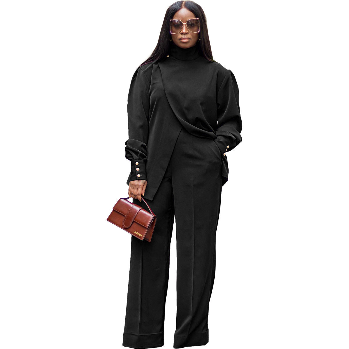 Women's Turtleneck Pant Set Two Piece Long Sleeve Split Outfit_voghion.com