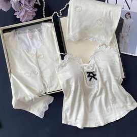 女士海岛绒睡衣韩版日系甜美波点KT套装性感吊带三件套家居外出服