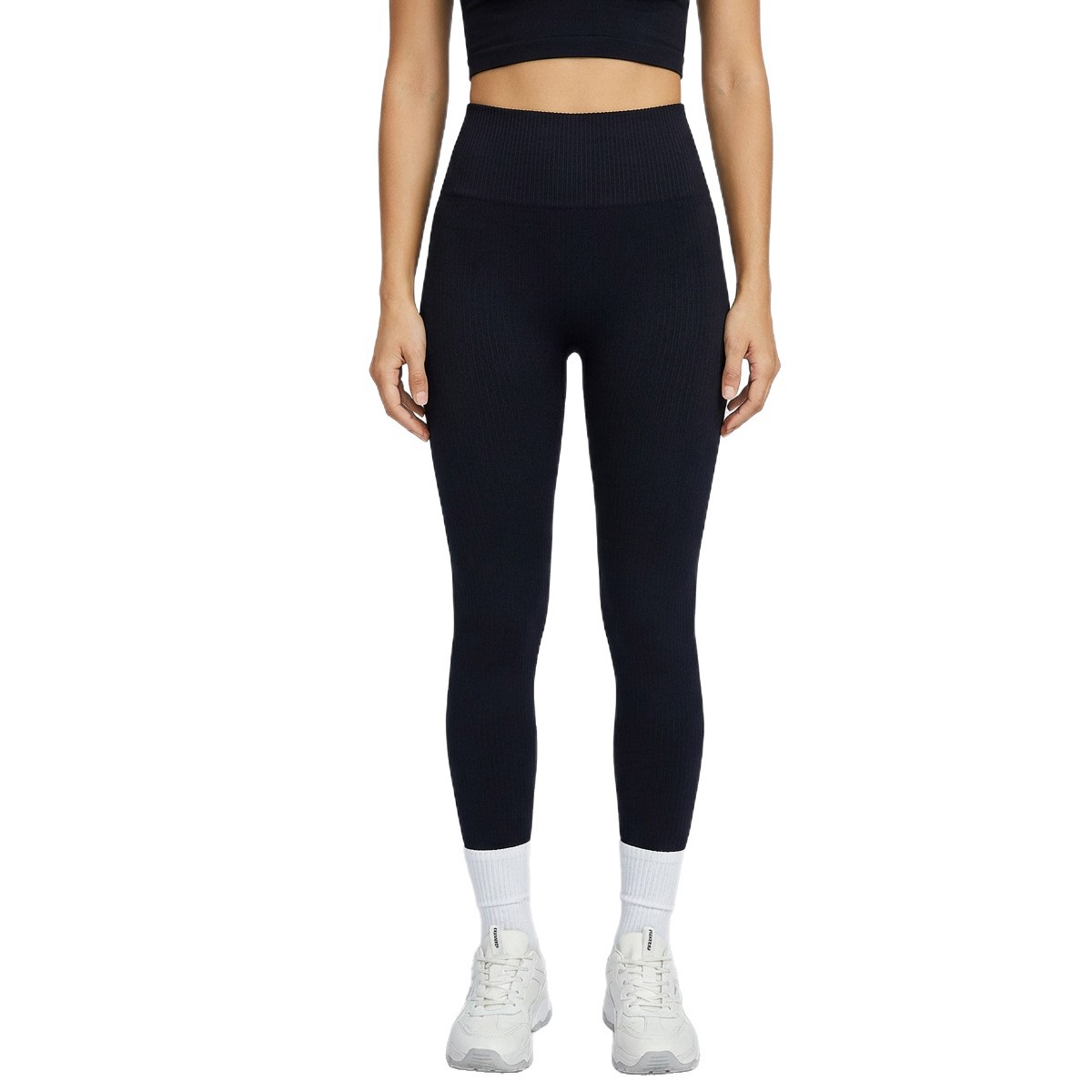 Dameslegging met hoge taille, naadloos en geribbeld, effen kleur, heupliftend, yogabroek, modieus en veelzijdig, sportkleding_voghion.com