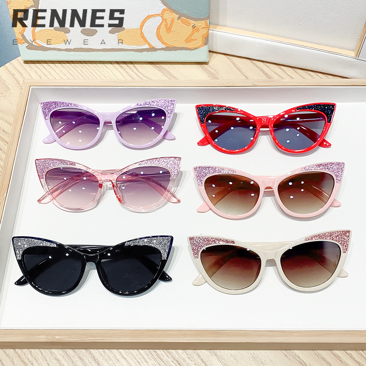 Nuevas gafas de sol de orejas de gato finas y brillantes para niños transfronterizos, color caramelo, gafas de sol al aire libre para bebés lindos