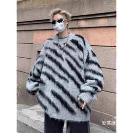 美式复古撞色斑马纹毛衣男秋冬季宽松慵懒风套头情侣针织衫外批发