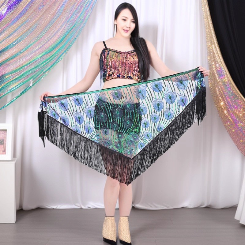 New Belly Dance Tassel Waist Chain, Sequined Large Triangle Scarf, Performance Waist Scarf, Bohemian Arm Scarf, Ethnic Style