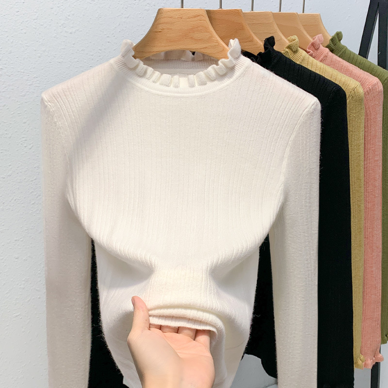 Cuello con volantes punto camisa de fondo para las mujeres 2023 nuevas color sólido suave glutinoso suéter caliente Cintura interior apretado top image 3