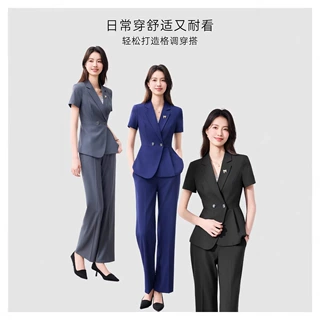 夏季薄款短袖小西装外套女职业阔腿套装前台接待正装珠宝店工作服