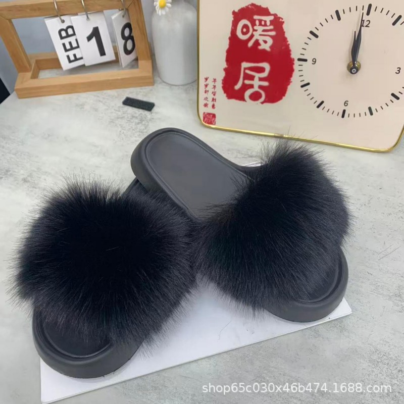 跨境爆款批发夏季新款休闲专属仿狐狸毛毛户外一字拖鞋高档时尚潮