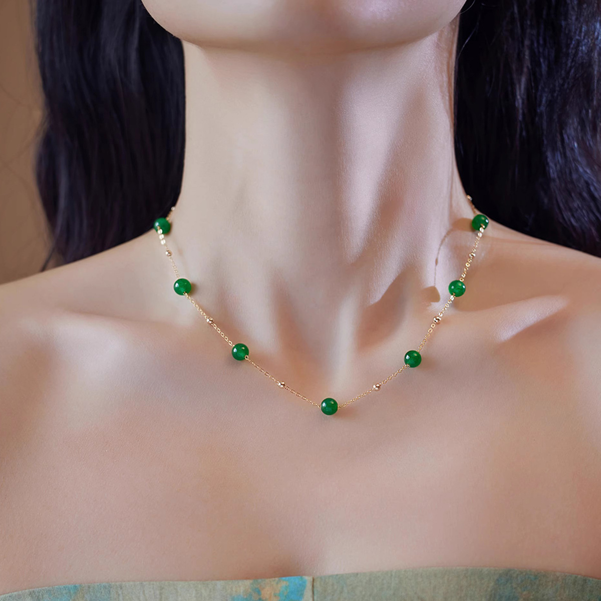 新中式简约新款绿玉髓14k锁骨项链轻奢气质个性汉服配饰百搭