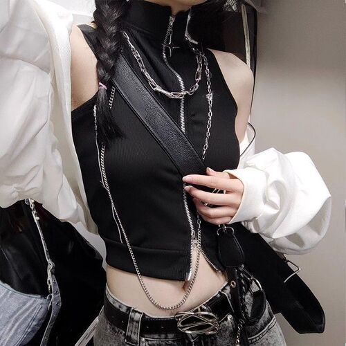 European and American cross-border dark spring and summer personality retro American stand-collar zipper all-match solid color slim short vest women's clothing