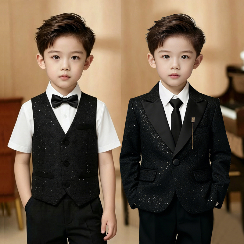 Children's Suit Set Black British Style Boys' Host Dress Shiny Flower Boy Birthday Suit Piano Performance Outfit Children's Suit Set Black British Style Boys' Host Dress Shiny Flower Boy Birthday Suit Piano Performance Outfit