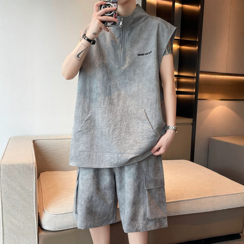 Ice Silk Suit Men's Summer Half-Zip Vest Sleeveless T-Shirt Youth Vest Short-Sleeved Basketball Casual Shorts Ice Silk Suit Men's Summer Half-Zip Vest Sleeveless T-Shirt Youth Vest Short-Sleeved Basketball Casual Shorts