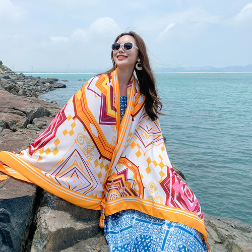 Spring and summer shawl women's bohemian style silk scarf outdoor travel sunshade sun protection shawl ethnic style scarf