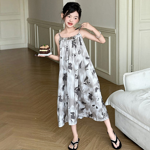 Girls Suspender Nightgown Summer Thin Ice Silk Pajamas Dress Girls Sweet Loose Home Clothes Princess Skirt