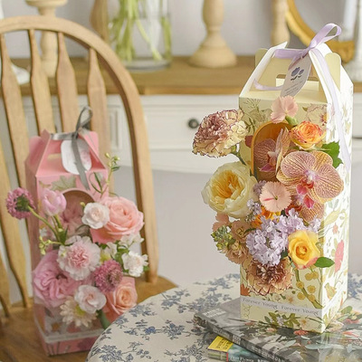 母亲节长方形手提花盒鲜花纸盒午后花园纸质花束包装复古diy花篮|ms