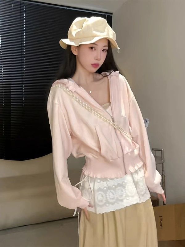 纯欲甜美风木耳边拉链开衫外套女秋季新款宽松显瘦连帽百搭上衣潮|undefined